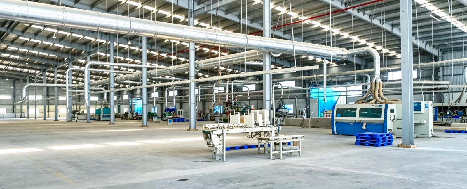 Hệ thống ống dẫn hút bụi tập trung tại xưởng sản xuất gỗ